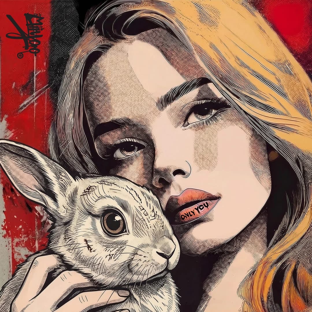Amelia Only You by Miiyoo: a blonde portrait holding a finely drawn rabbit against a red ground, with only you lettered on the lips.