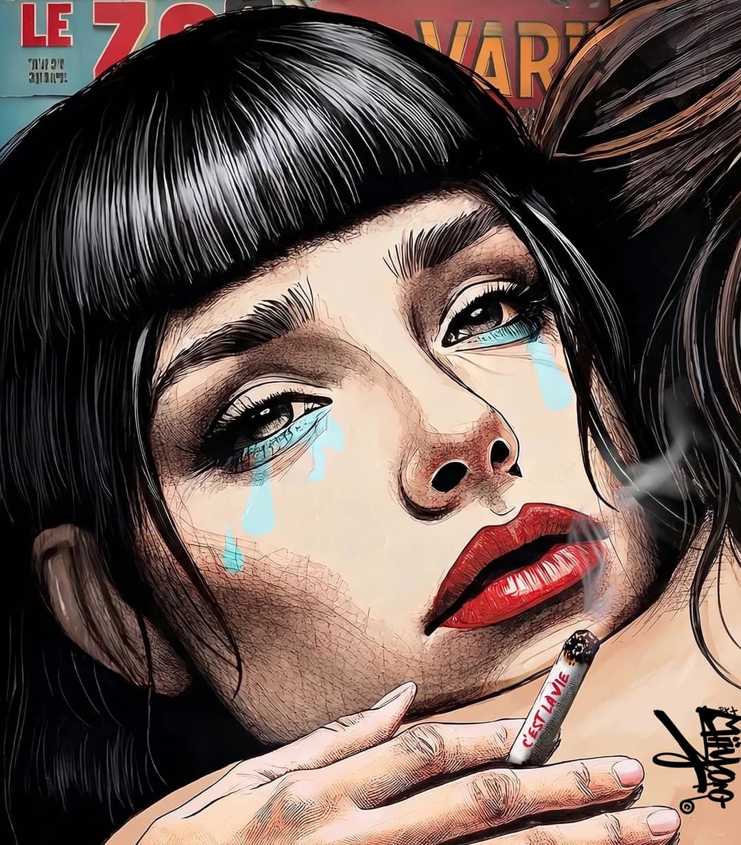 C'est La Vie by Miiyoo: a portrait with a black fringe, blue tears and red lips, holding a cigarette, against torn French magazine lettering.
