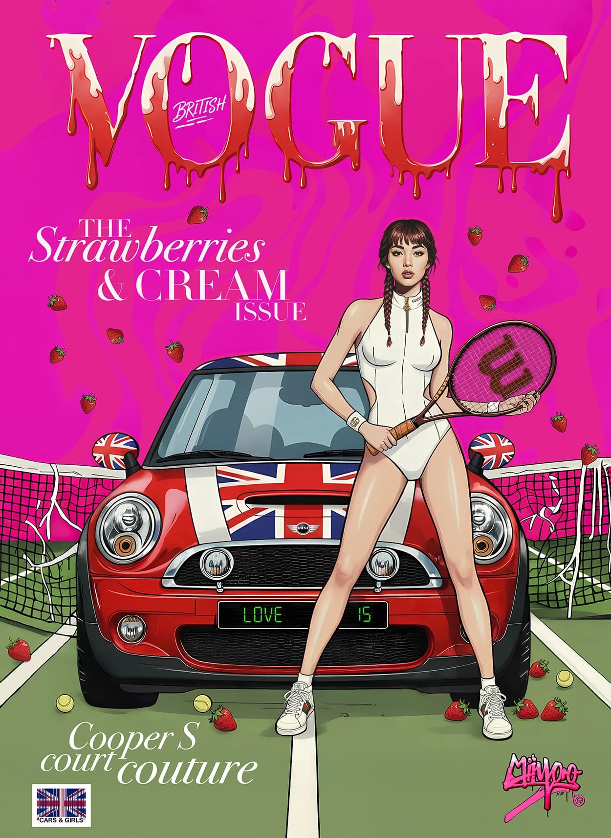 British Vogue by Miiyoo: a woman in tennis whites holding a racket beside a red car with a Union Jack roof, on a hot pink cover scattered with strawberries.