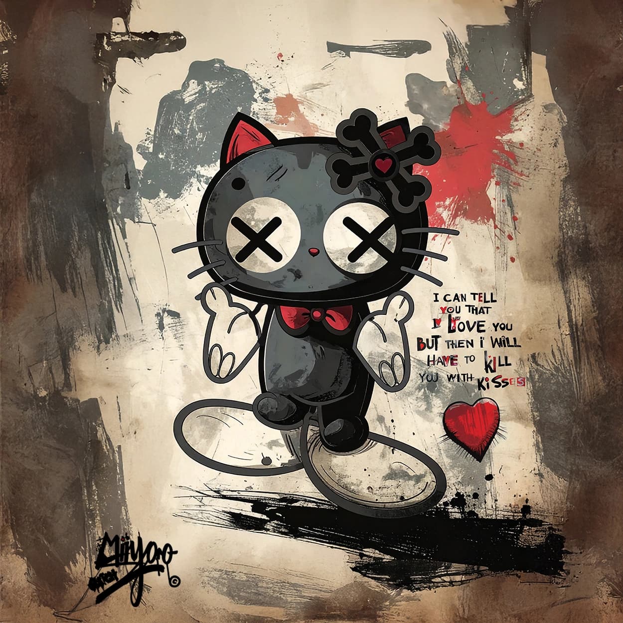 I Love You But by Miiyoo: a grey cartoon cat with crossed-out eyes and a red bow tie beside handwritten text and a red heart, on a mottled beige ground.