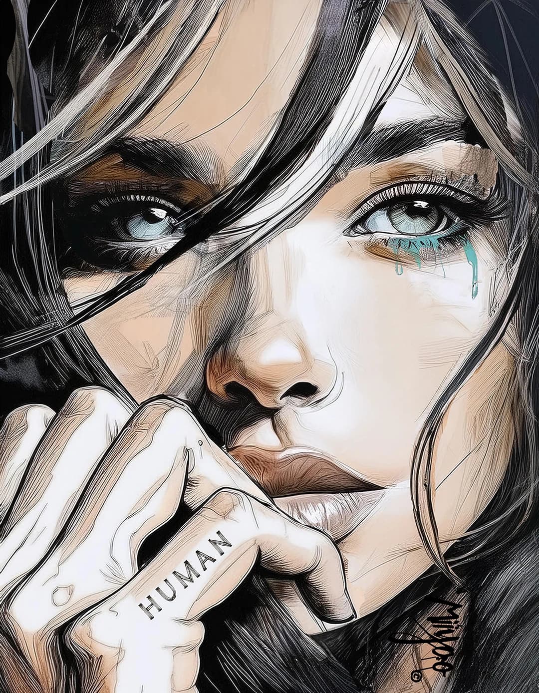 Hope Only Human by Miiyoo: a close-up portrait with a teal tear, resting clasped hands at her mouth with human lettered across the fingers.