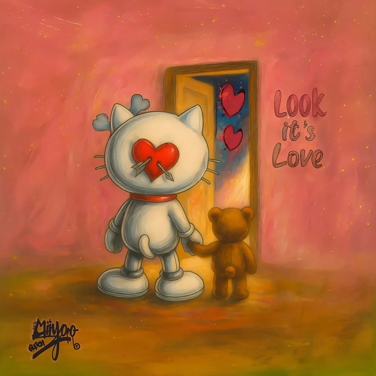Look It's Love by Miiyoo: a cream cat with an arrow through a red heart face holding hands with a teddy bear beside a glowing doorway, on a warm pink ground.