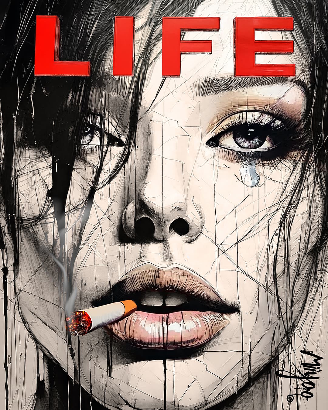 Lola Life by Miiyoo: a close-up portrait with wet black hair, a blue tear and a cigarette, drawn in fine ink lines beneath red LIFE lettering.