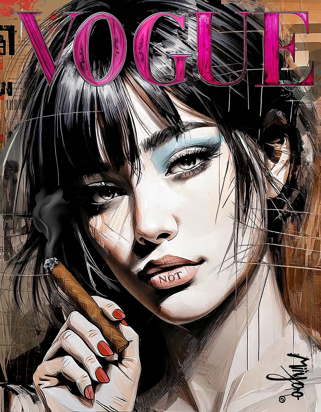 Not Vogue by Miiyoo: a portrait with a black fringe and blue eyeshadow holding a cigar, under a magenta VOGUE masthead, with NOT written on the lips.