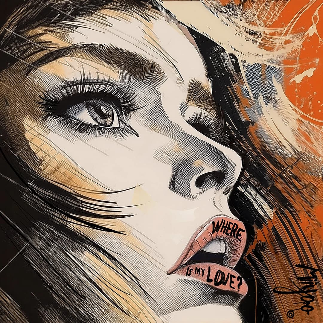 Polly Where Is My Love by Miiyoo: a portrait in fine ink looking upward against orange brushwork, with where is my love lettered across the lips.