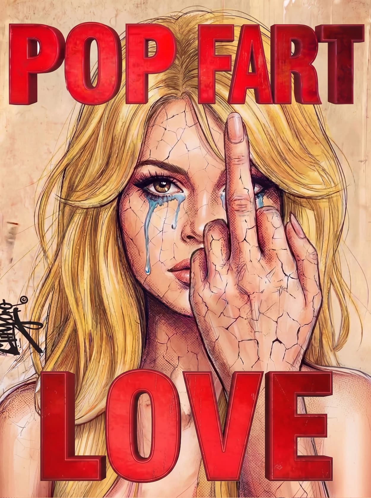 POP FART Fuck Love by Miiyoo: a blonde woman with a blue tear raising her middle finger across her face, with LOVE in large red letters below.