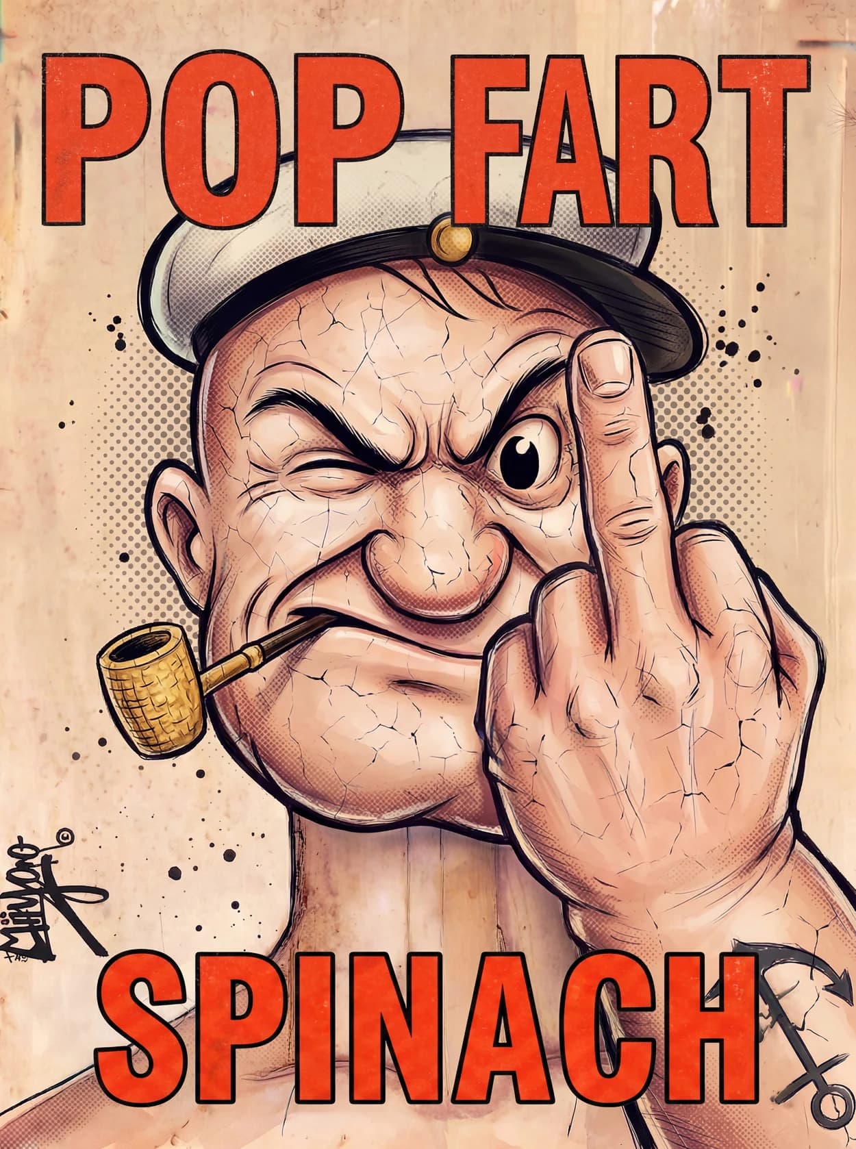 POP FART Spinach by Miiyoo: a cartoon sailor in a white cap with a corncob pipe raising his middle finger, under red POP FART and SPINACH lettering.