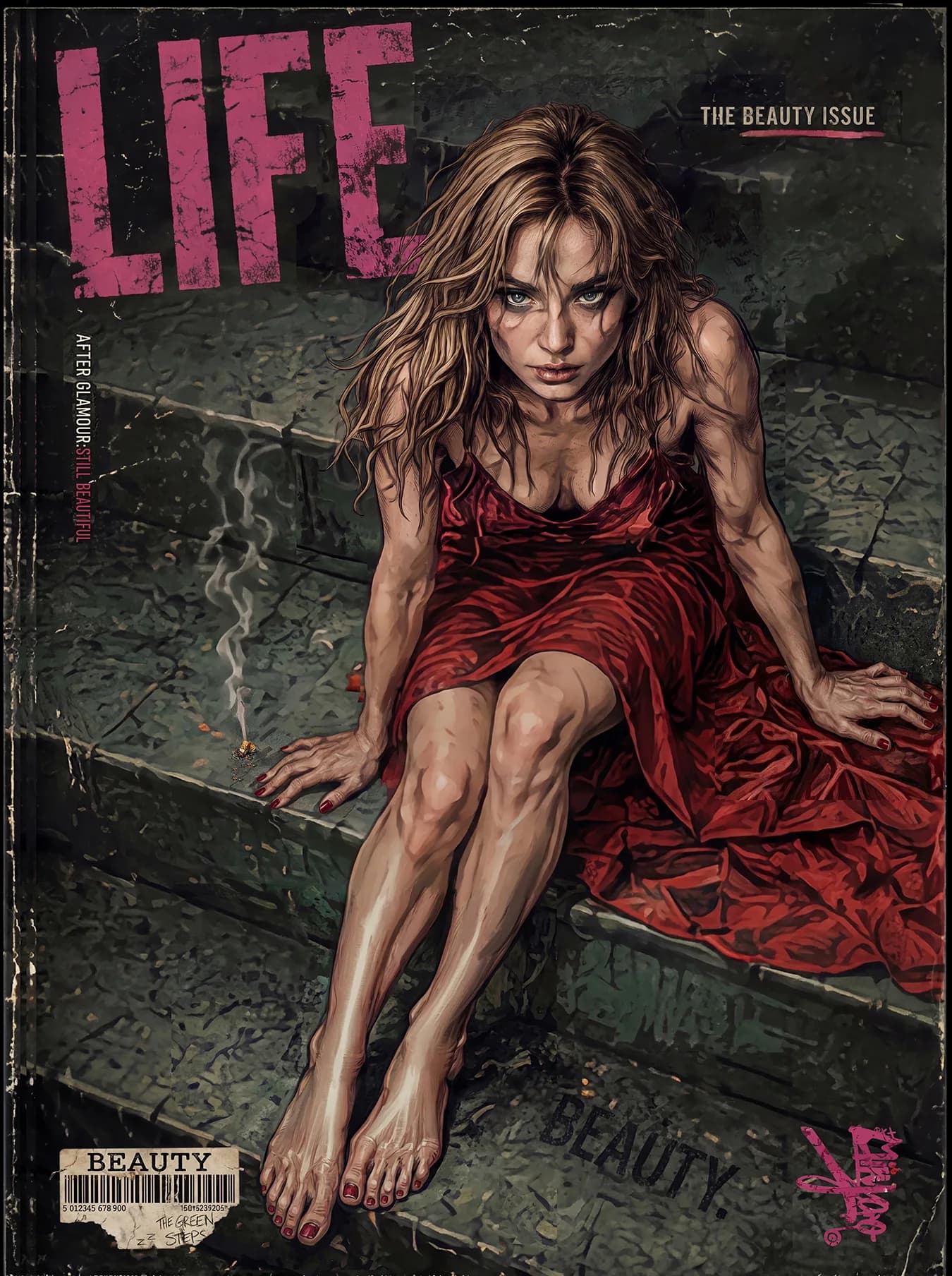 The Beauty Issue by Miiyoo: a woman in a red dress sitting barefoot on green steps with a lit cigarette beside her, beneath a pink LIFE masthead.