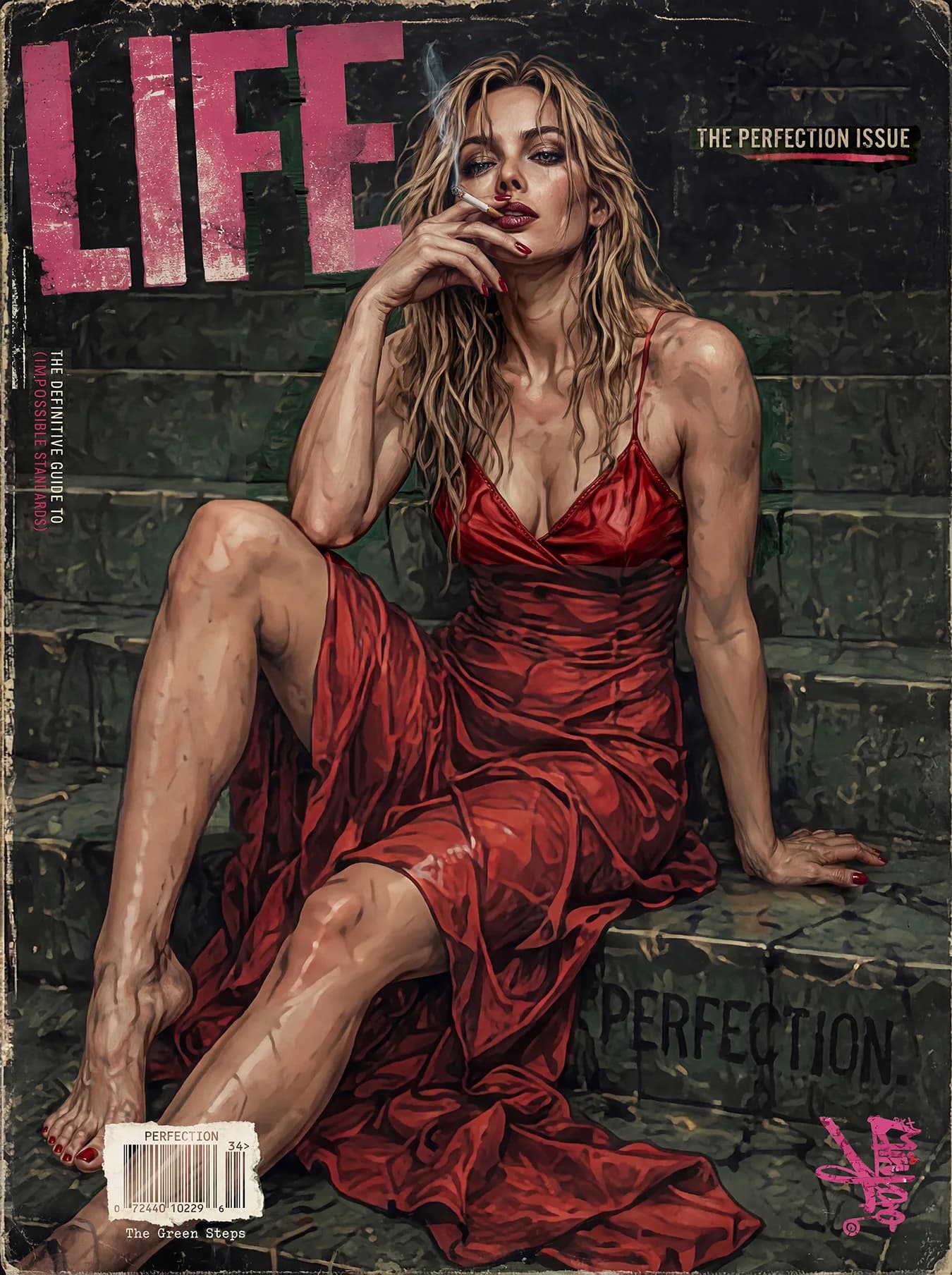 The Perfection Issue by Miiyoo: a woman in a red satin dress seated on green steps with one hand at her mouth, beneath a pink LIFE masthead.