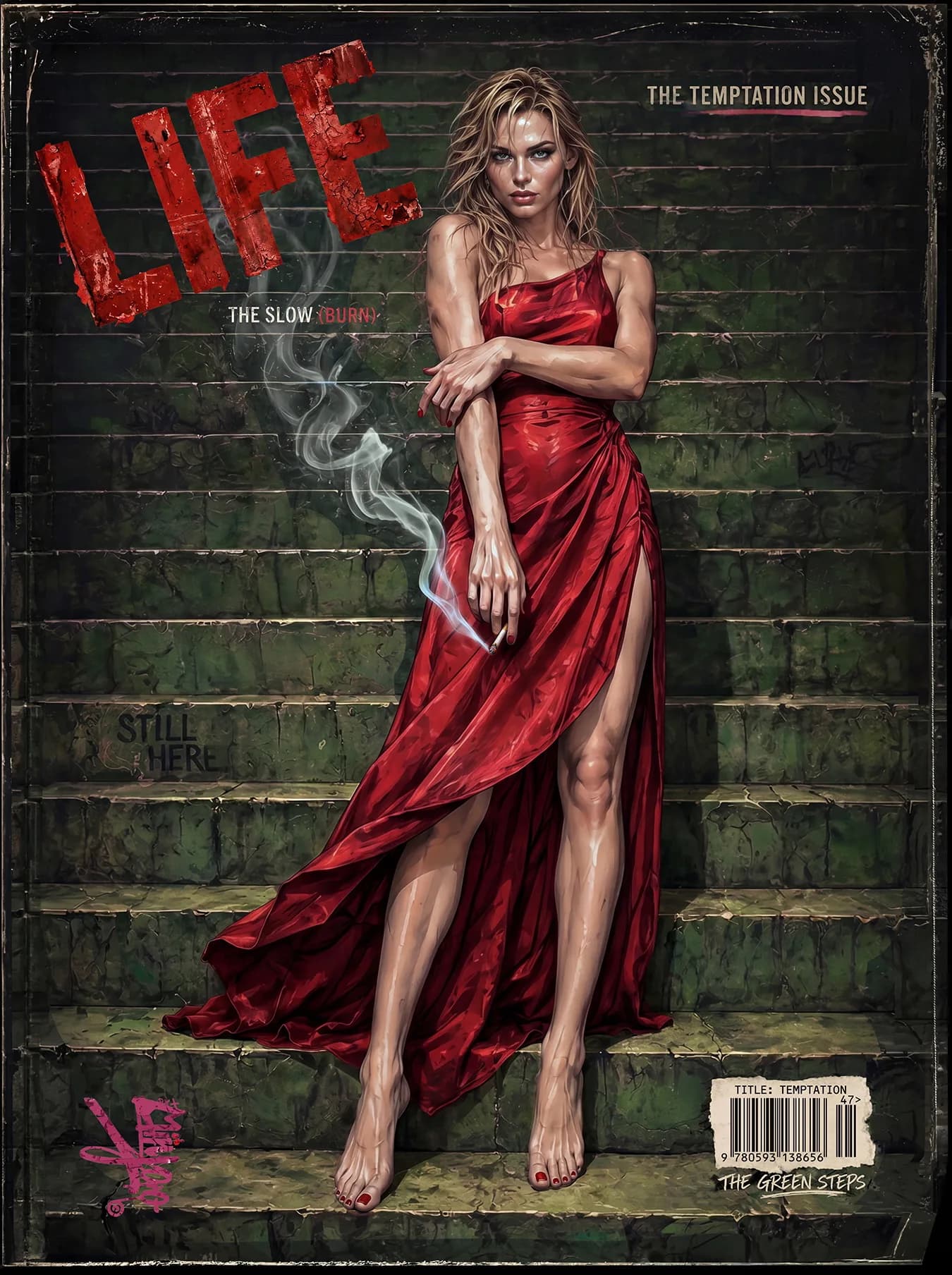 The Temptation Issue by Miiyoo: a woman in a red satin dress standing barefoot on green steps holding a cigarette, beneath a red LIFE masthead.