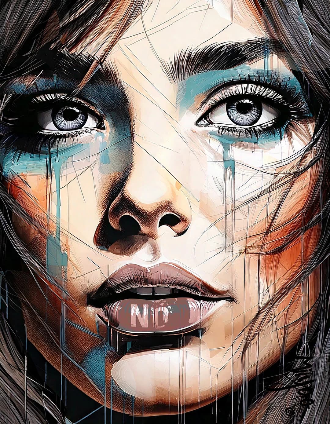 Victoria No by Miiyoo: a portrait looking upward with teal and orange paint across the face, dripping blue tears, and the word no lettered on the lips.