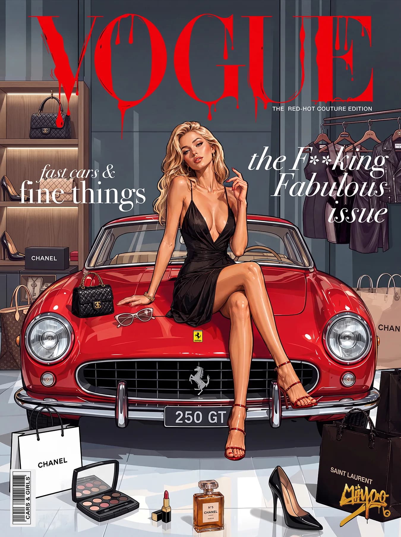 Vogue F**king Fabulous by Miiyoo: a woman in a black dress seated on the bonnet of a red sports car among designer bags and shoes, on a red Vogue cover.