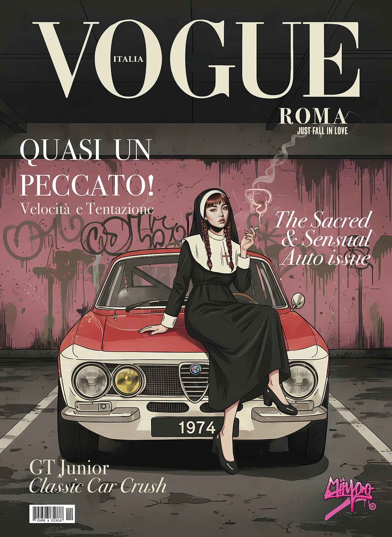 Vogue Italia by Miiyoo: a woman in a nun's habit smoking, seated on the bonnet of a red and white classic car, with pink dripping lettering.