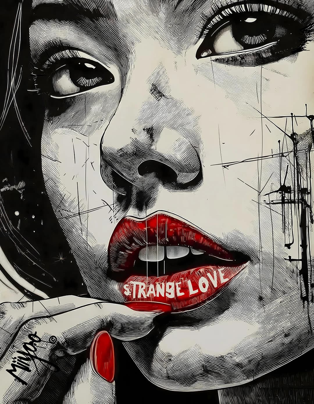 Xu Strange Love by Miiyoo: a black and white ink portrait with a hand at her chin and strange love lettered across bright red lips.